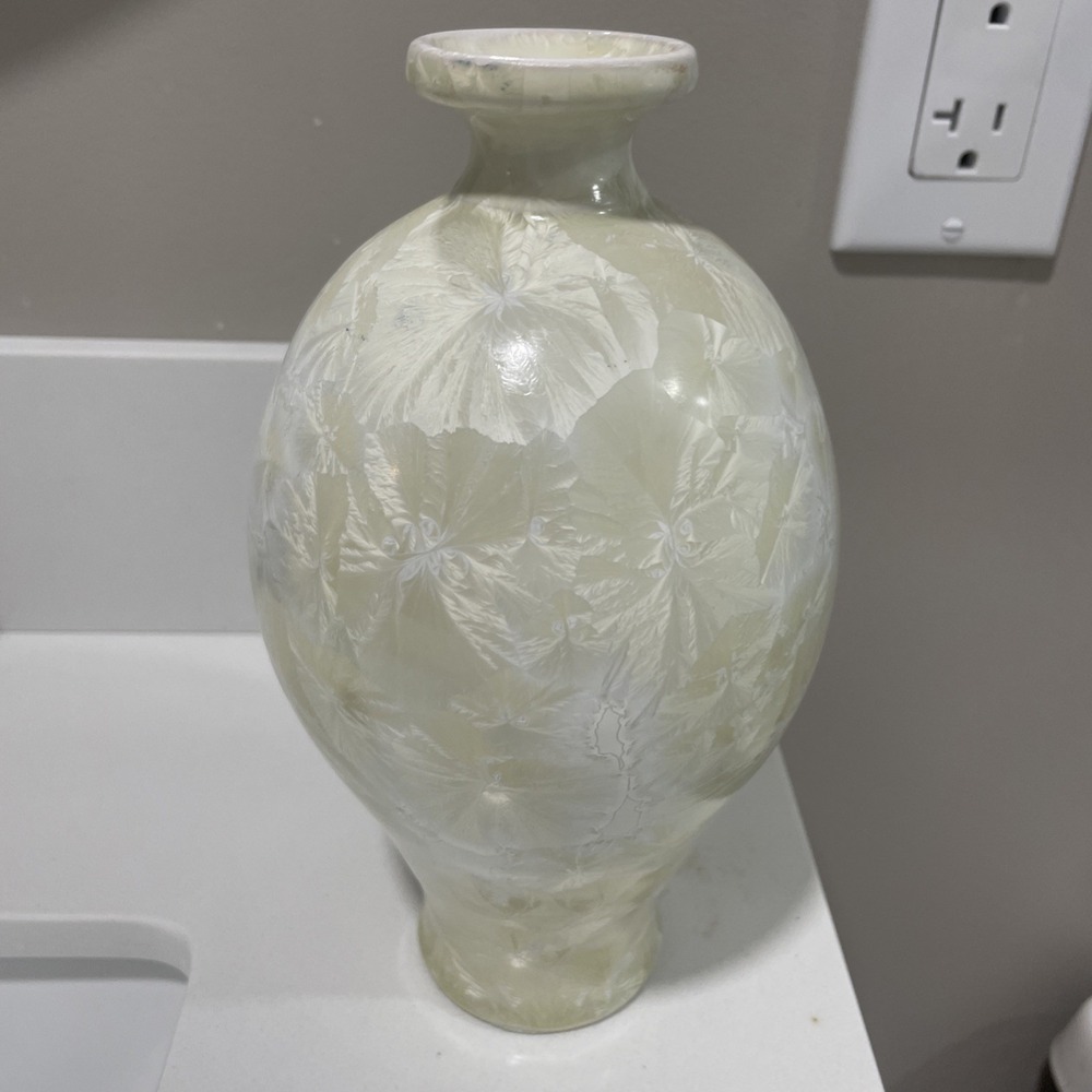 Vintage Cream Yellow Crystaline Glaze Studio Pottery Vase Signed Bulbous 8"